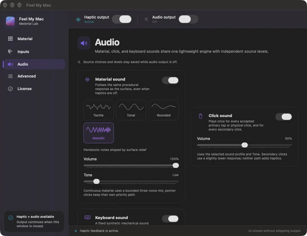 FeelMyMac Audio settings in English, showing separate material, click and keyboard sound controls