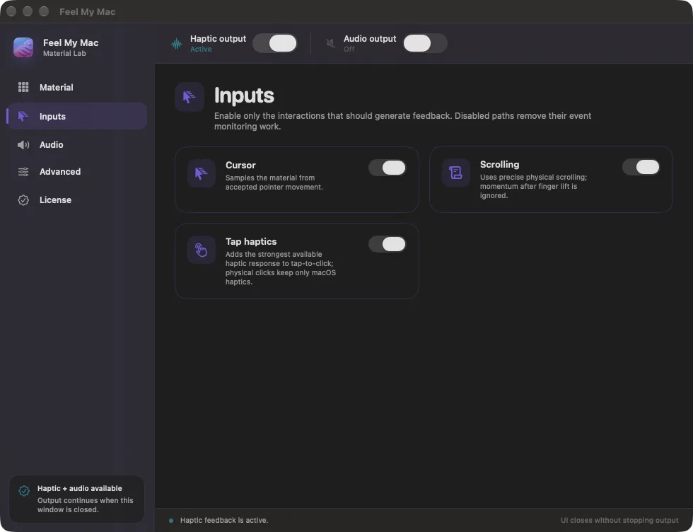 FeelMyMac Inputs settings in English, showing independent controls for cursor, scrolling and tap haptics