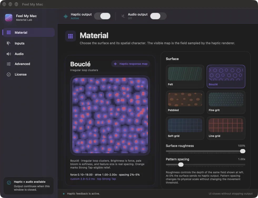 FeelMyMac Material settings in English, showing the Bouclé response map and surface controls